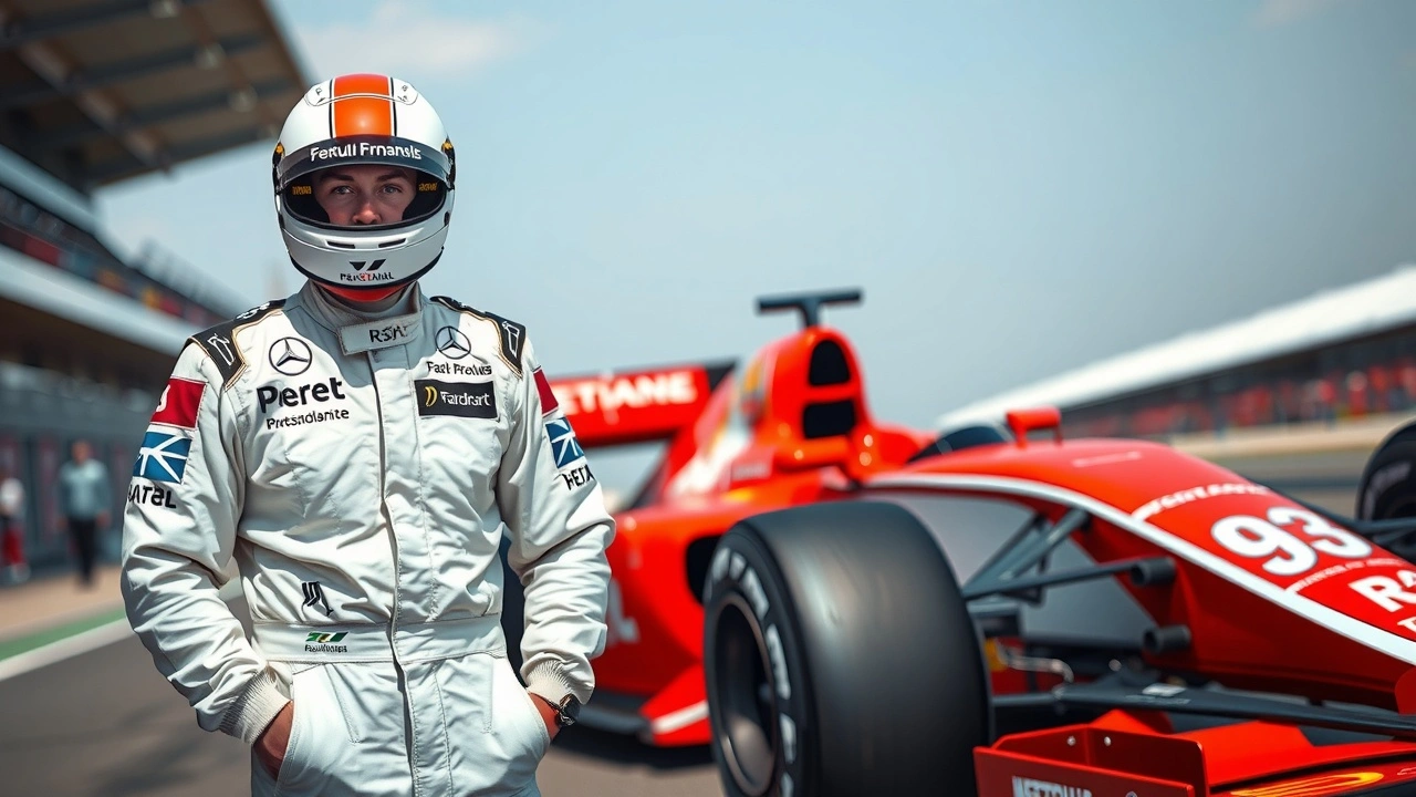 pilote emblématique de F1 à côté de sa voiture de course