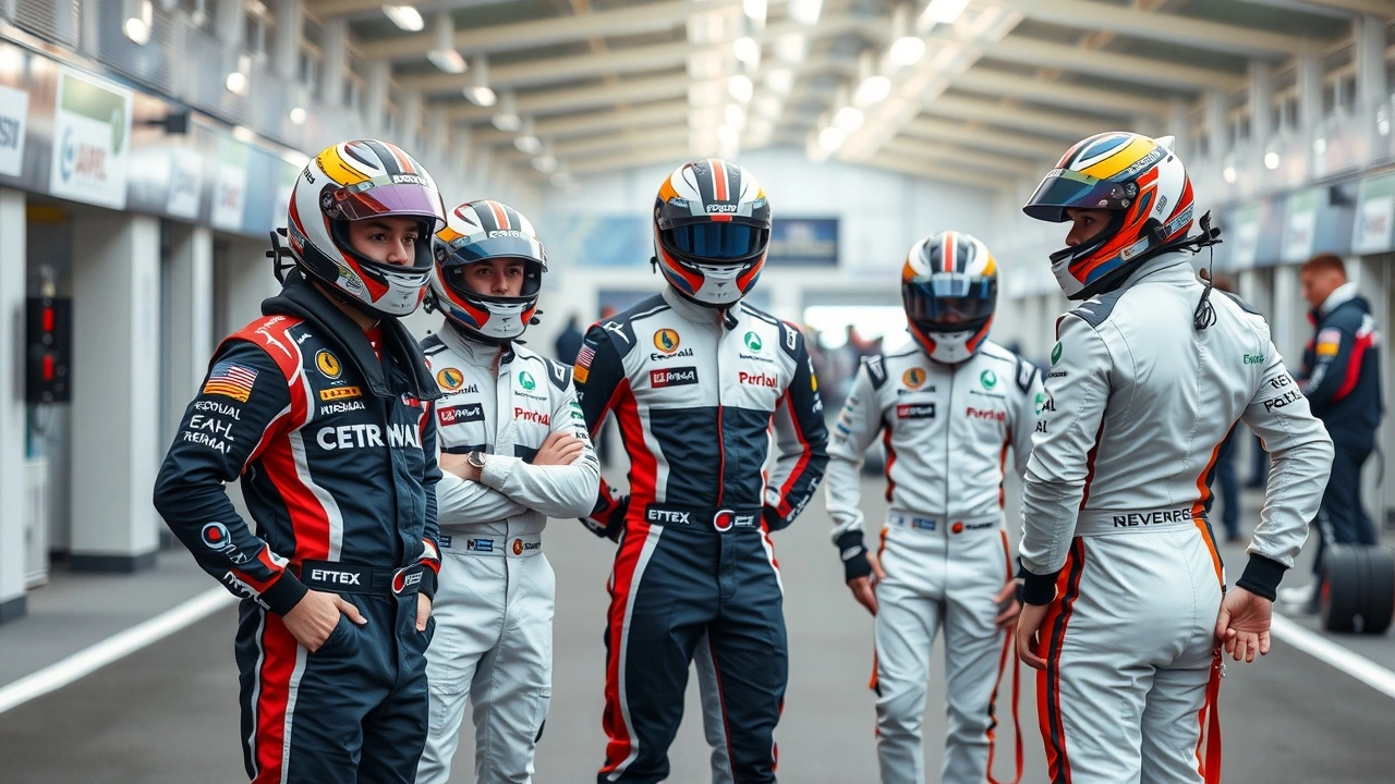groupe de pilotes de Formule E dans une zone de paddock