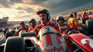 Les pilotes légendaires de la Formule 1 sur un circuit avec de l'adrénaline.