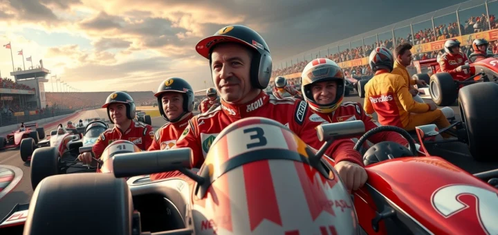 Les pilotes légendaires de la Formule 1 sur un circuit avec de l'adrénaline.