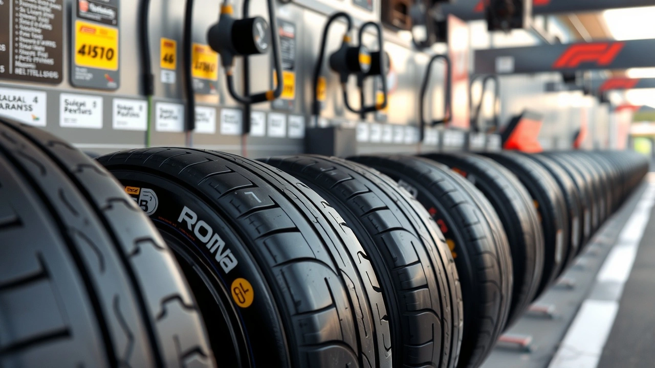 gros plan de pneus de Formule 1 sur un mur de stand