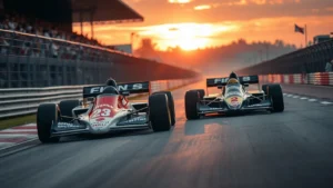 Une scène illustrant la rivalité entre les écuries et pilotes de Formule 1 pendant une ère dorée.