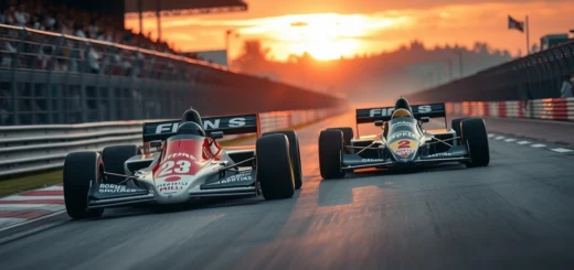 Une scène illustrant la rivalité entre les écuries et pilotes de Formule 1 pendant une ère dorée.