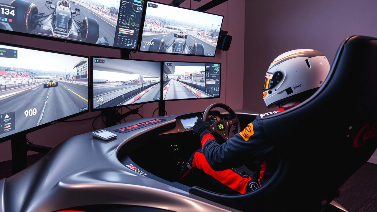 simulateur de Formule 1 avec pilote et écran de données