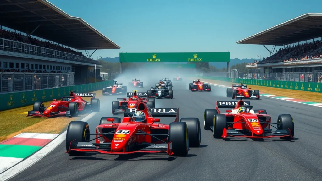 Une illustration photoréaliste des stratégies de course des écuries de F1 avec des pilotes emblématiques.