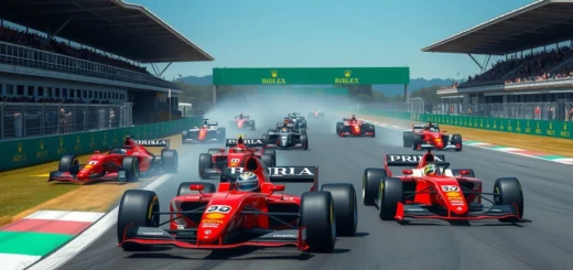 Une illustration photoréaliste des stratégies de course des écuries de F1 avec des pilotes emblématiques.