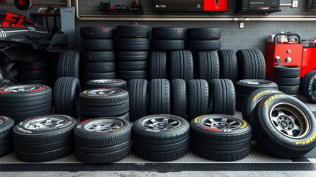 divers types de pneus de Formule 1 sur un sol de garage