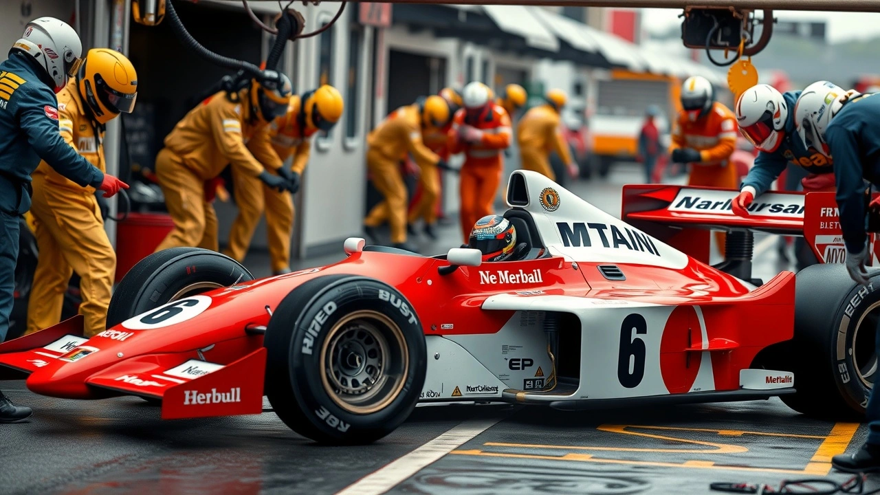 voiture de course d'Alain Prost dans un stand de Formule 1