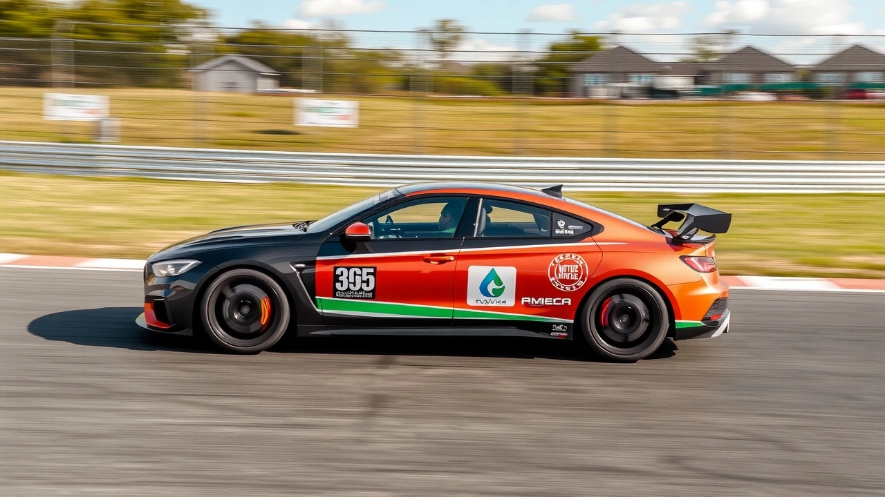 voiture de course sur circuit avec panneaux environnementaux