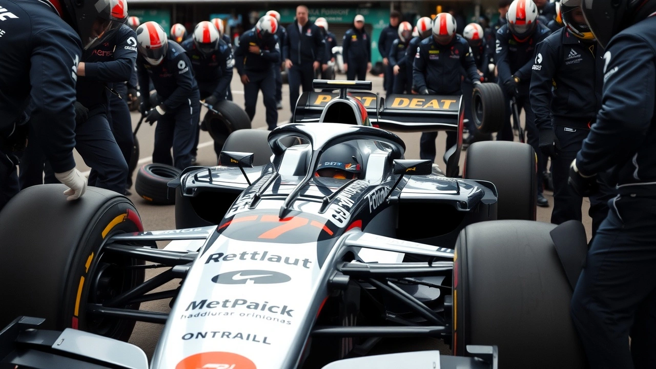 voiture de F1 avec l equipe en plein travail
