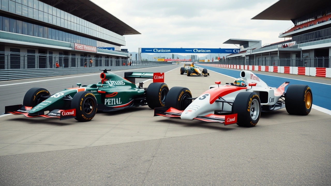 voiture de Formule 1 historique et moderne sur circuit