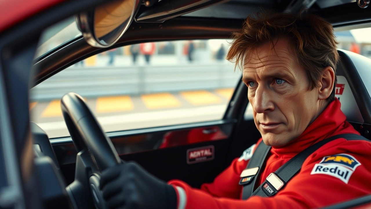 Alain Prost concentré dans le cockpit d'une voiture de course