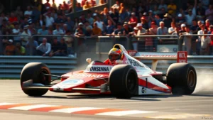 Une image illustrant Ayrton Senna en pleine course de Formule 1, mettant en avant son audace et sa technique.