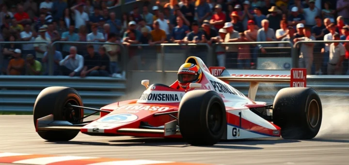 Une image illustrant Ayrton Senna en pleine course de Formule 1, mettant en avant son audace et sa technique.