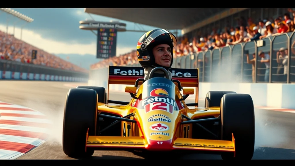 Une image photoréaliste d'Ayrton Senna en pleine course de Formule 1, illustrant sa passion et son héritage.