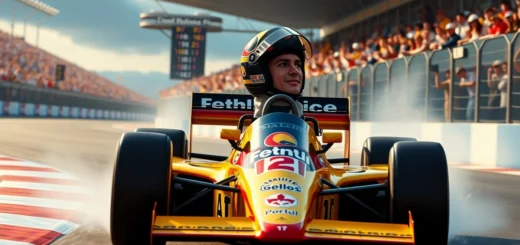Une image photoréaliste d'Ayrton Senna en pleine course de Formule 1, illustrant sa passion et son héritage.
