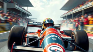 Ayrton Senna en course lors d'une course de Formule 1, illustrant sa vitesse et son talent.