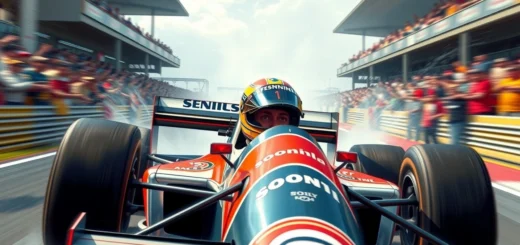 Ayrton Senna en course lors d'une course de Formule 1, illustrant sa vitesse et son talent.