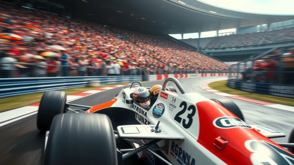 Illustration d'Ayrton Senna en pleine course, représentant sa légende et ses triomphes en Formule 1.