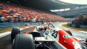 Illustration d'Ayrton Senna en pleine course, représentant sa légende et ses triomphes en Formule 1.