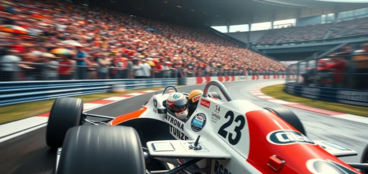 Illustration d'Ayrton Senna en pleine course, représentant sa légende et ses triomphes en Formule 1.