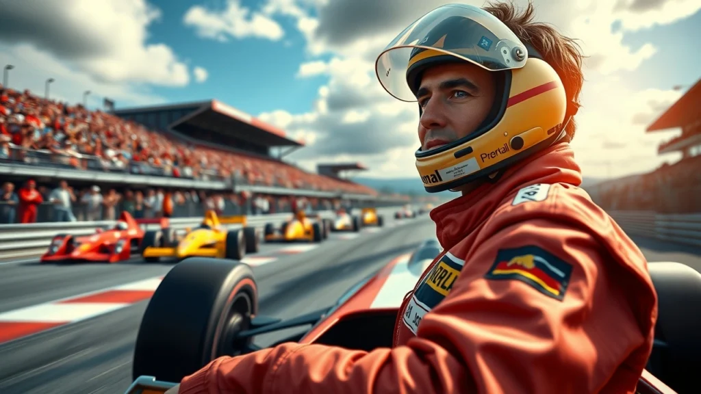 Une illustration photorealiste d'Ayrton Senna sur la piste de course, montrant sa passion et ses défis en tant que champion.
