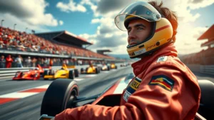 Une illustration photorealiste d'Ayrton Senna sur la piste de course, montrant sa passion et ses défis en tant que champion.