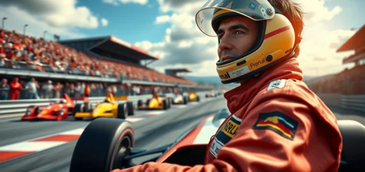 Une illustration photorealiste d'Ayrton Senna sur la piste de course, montrant sa passion et ses défis en tant que champion.