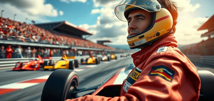 Une illustration photorealiste d'Ayrton Senna sur la piste de course, montrant sa passion et ses défis en tant que champion.