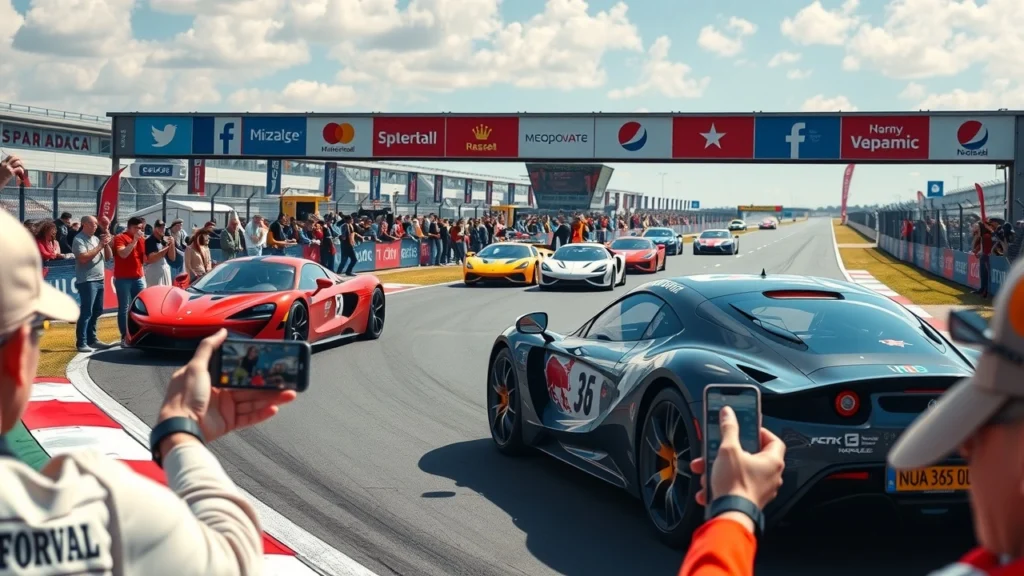 Une scène dynamique d'un événement de course automobile moderne avec des voitures, des fans utilisant des smartphones et l'influence des médias sociaux.