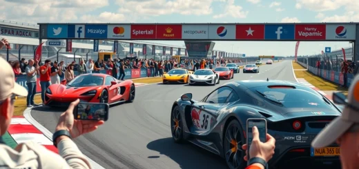 Une scène dynamique d'un événement de course automobile moderne avec des voitures, des fans utilisant des smartphones et l'influence des médias sociaux.