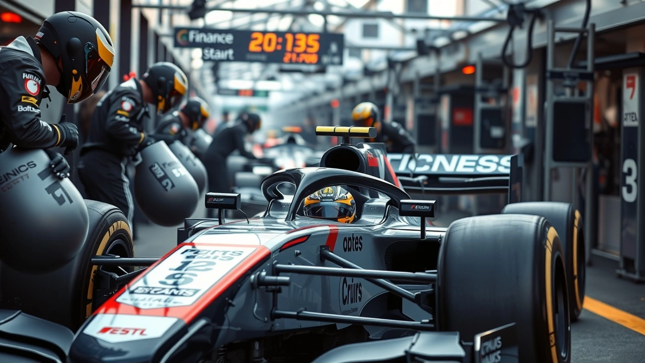 équipe de Formule 1 avec graphiques financiers dans les stands