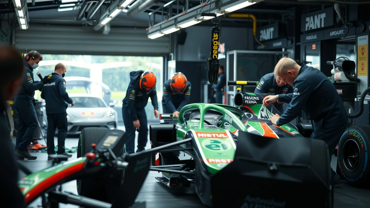 équipe de Formule 1 travaillant sur une voiture durable