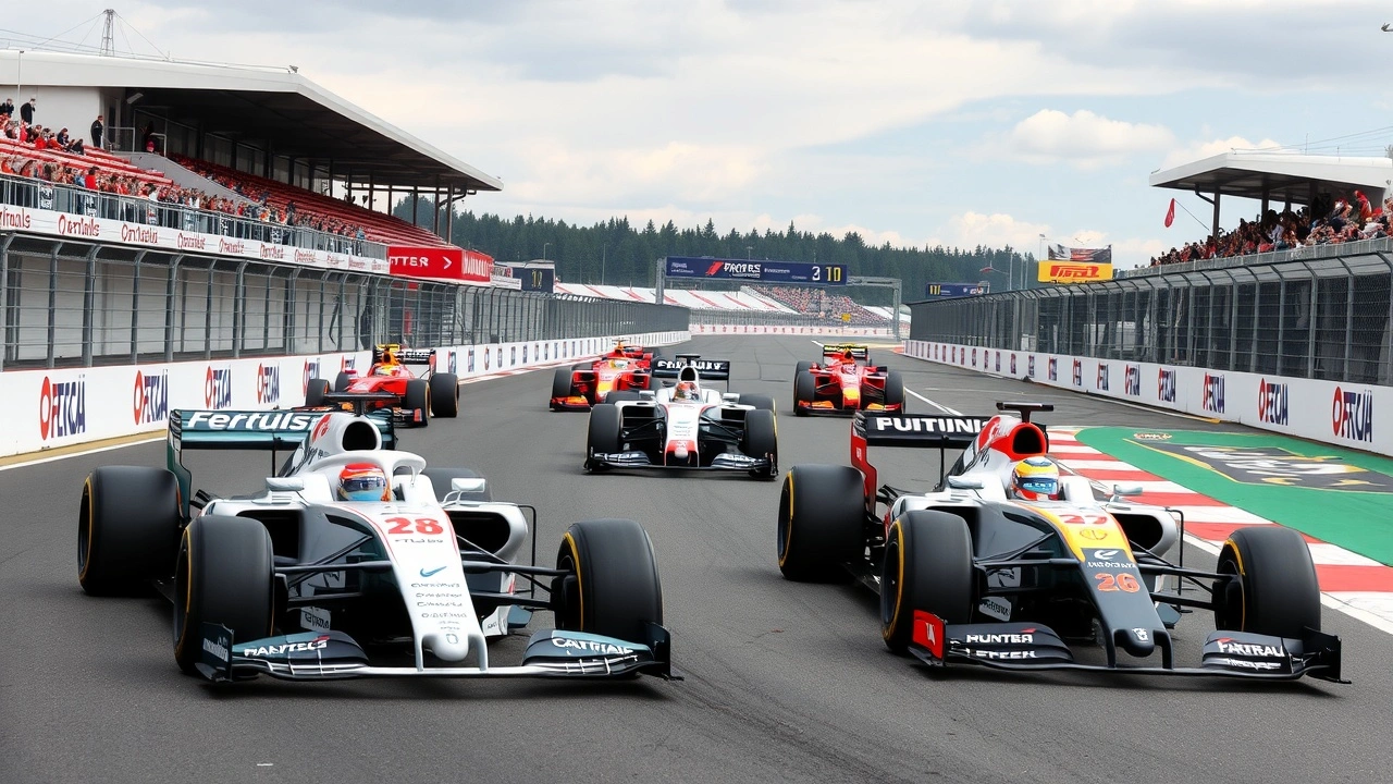 voitures de F1 sur circuit avec pilotes