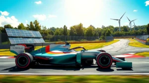 Une illustration photoréaliste d'une voiture de Formule 1 moderne sur une piste, entourée de verdure, de panneaux solaires et d'éoliennes, représentant l'évolution du championnat face aux enjeux écologiques.