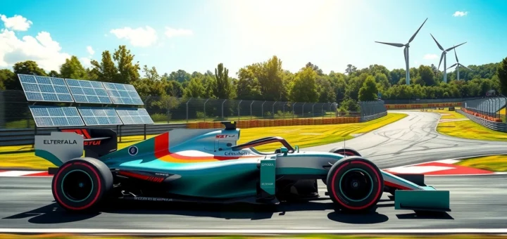 Une illustration photoréaliste d'une voiture de Formule 1 moderne sur une piste, entourée de verdure, de panneaux solaires et d'éoliennes, représentant l'évolution du championnat face aux enjeux écologiques.