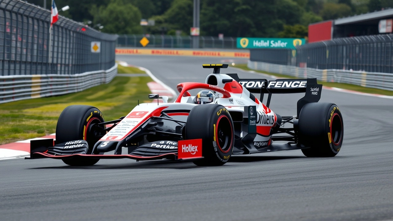voiture de Formule 1 sur circuit avec panneaux réglementaires