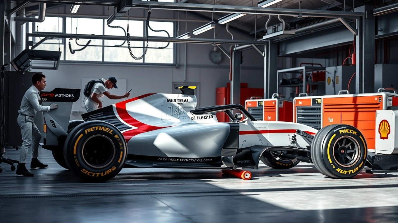 voiture de Formule 1 en vérification de sécurité dans un garage moderne