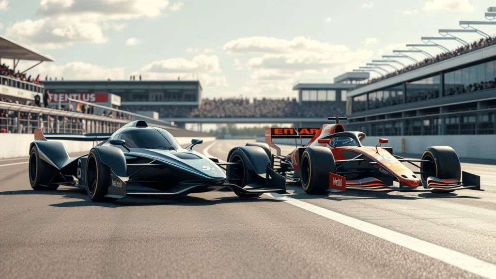Une scène photoréaliste de voitures de Formule E et de Formule 1 sur une piste de course, montrant leur impact sur le développement des talents automobiles.