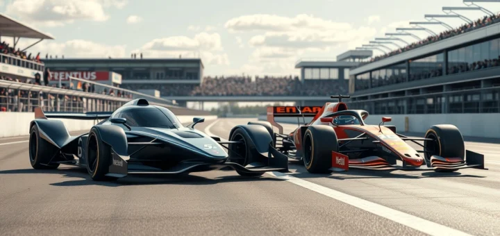 Une scène photoréaliste de voitures de Formule E et de Formule 1 sur une piste de course, montrant leur impact sur le développement des talents automobiles.