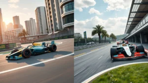 Une illustration contrastant la Formule E et la Formule 1, mettant en avant leurs approches distinctes en matière de durabilité.