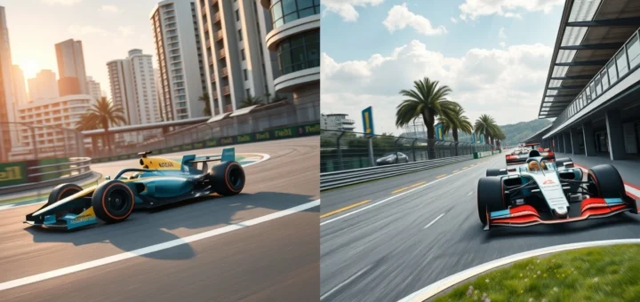 Une illustration contrastant la Formule E et la Formule 1, mettant en avant leurs approches distinctes en matière de durabilité.