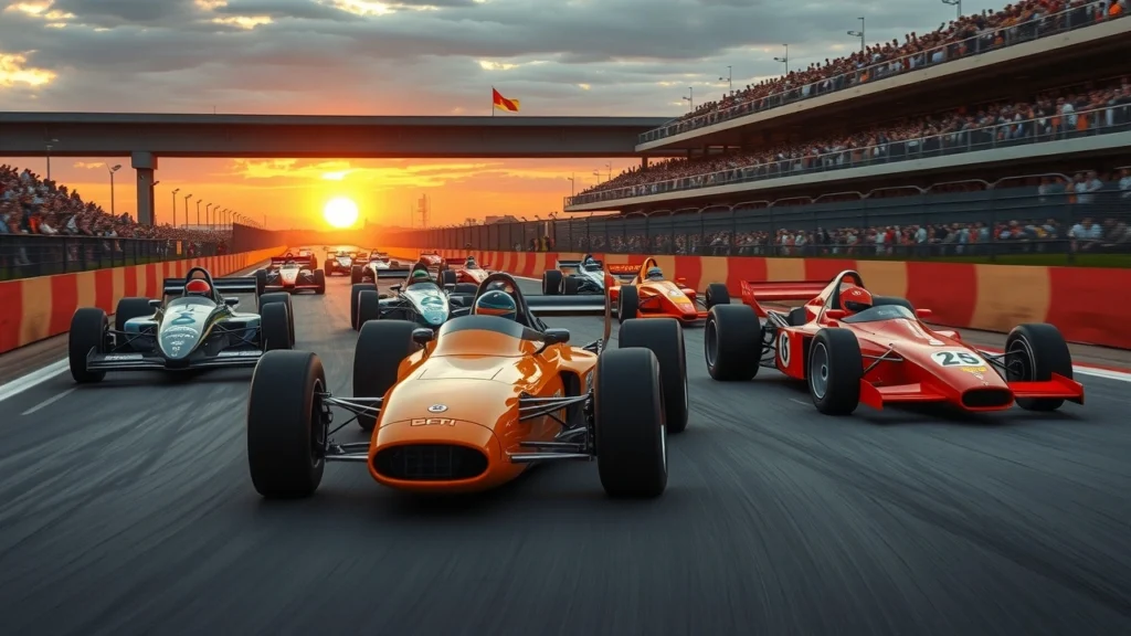 Une représentation photorealiste des légendes de la Formule 1 sur un circuit historique.