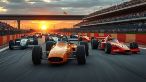 Une représentation photorealiste des légendes de la Formule 1 sur un circuit historique.
