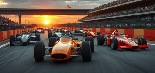 Une représentation photorealiste des légendes de la Formule 1 sur un circuit historique.