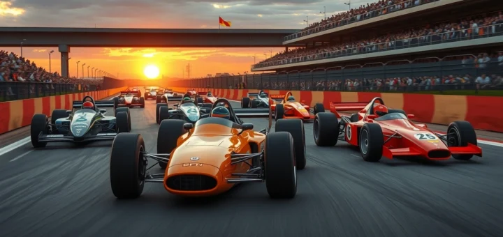Une représentation photorealiste des légendes de la Formule 1 sur un circuit historique.