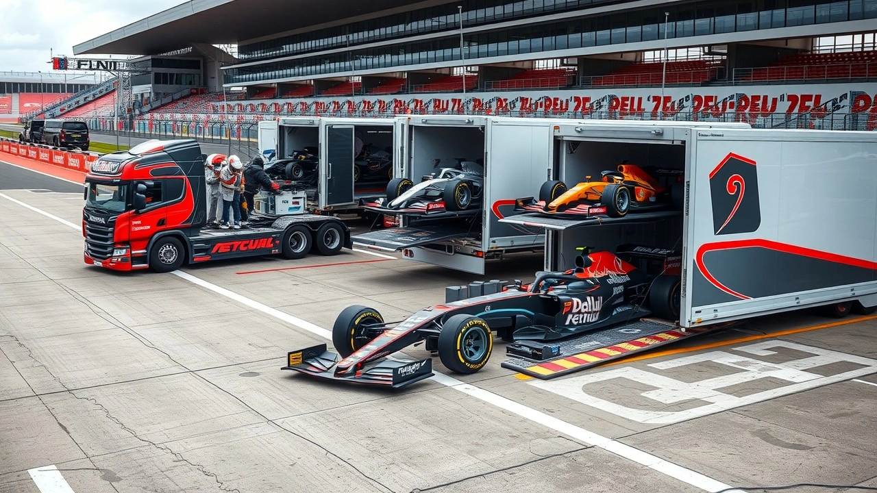 logistique de course de Formule 1 avec camions et équipement
