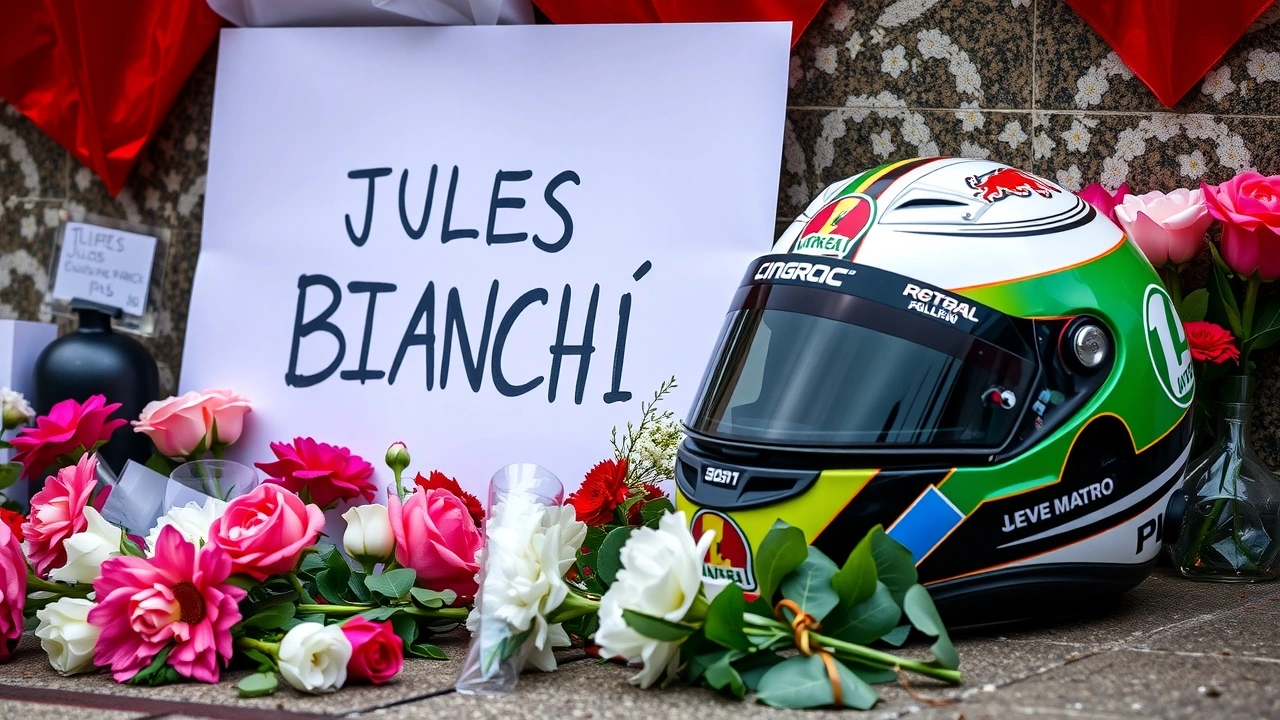 mémorial pour Jules Bianchi avec fleurs et casque de course