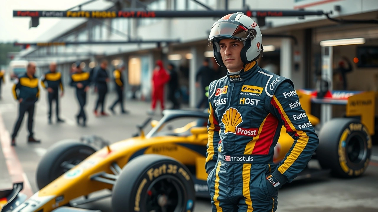 Nicolas Prost dans une combinaison de course à côté de sa voiture