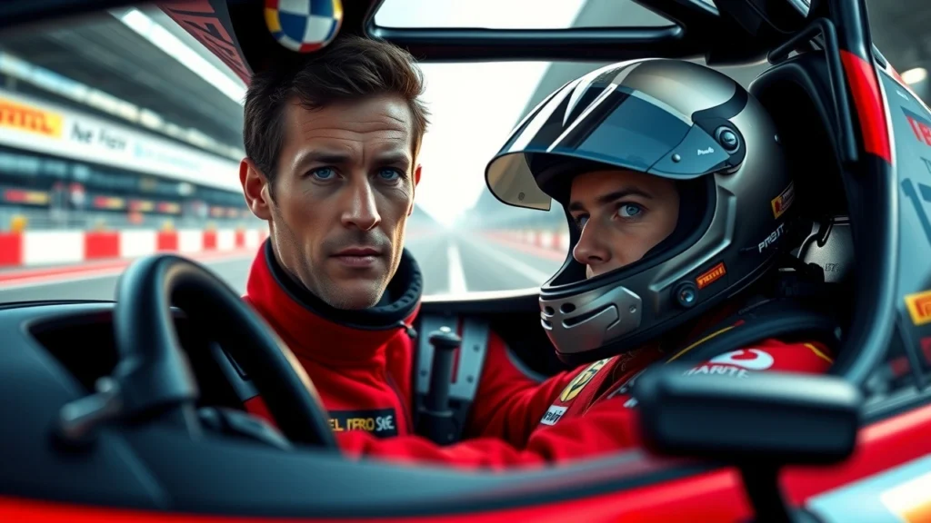 Portrait photorealiste d'un pilote de course Nicolas Prost, reflétant son héritage et ses aspirations personnelles.